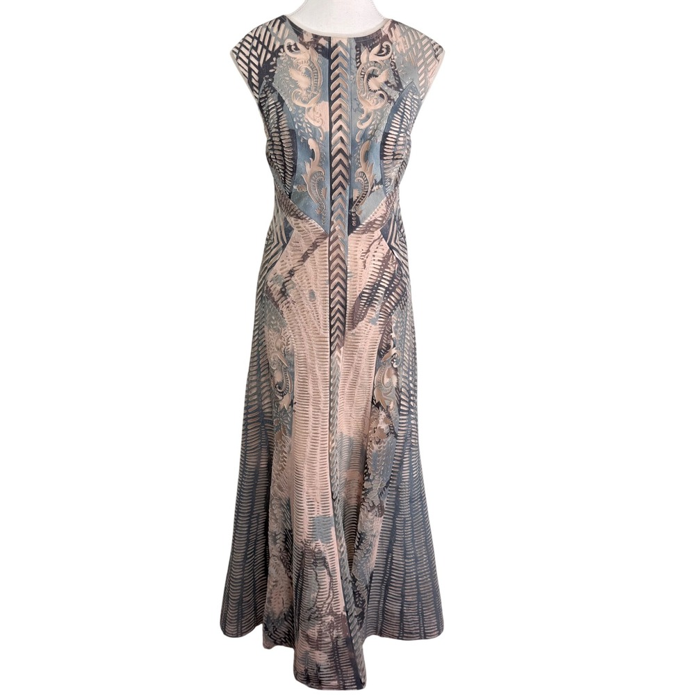 Geisha Designs Anthropologie Laser Cut Maxi Dress Blue Beige Geometric Size 8
